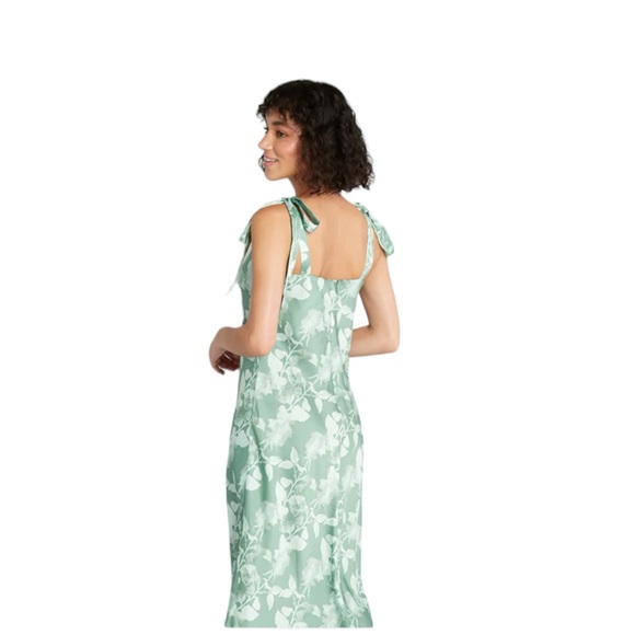 Hutch Women’s White Green Floral Satin Square Neck Tie Shoulder Midi Dress NWT 8 - Picture 2 of 12